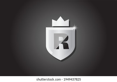 Protector creativo Icono de la letra del alfabeto R en color gris. Diseño empresarial para la identidad de plantilla de la empresa con corona de rey y chispa de luz