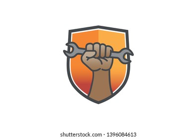 Creative Shield Service Wrench Hand Logo Design Vector Illustration