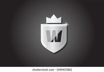 Creative shield W alphabet letter logo icon in grey color. Corporate business design for company template identity with king crown and light spark