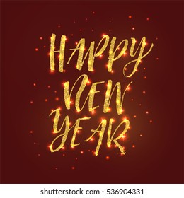 Creative shiny gold happy new year 2017 card design with text. Gold glitter confetti on red background. Hand written lettering template for your design. Vector illustration.