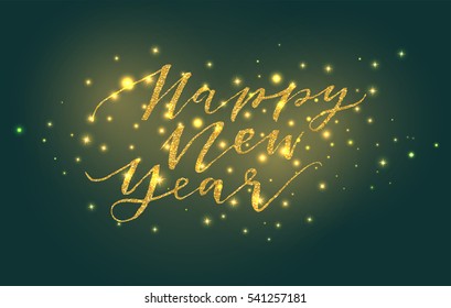 Creative shiny gold happy new year 2017 card design with text. Gold glitter confetti on black background. Hand written lettering template for your design. Vector illustration