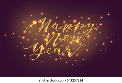 Creative shiny gold happy new year 2017 card design with text. Gold glitter confetti on black background. Hand written lettering template for your design. Vector illustration.