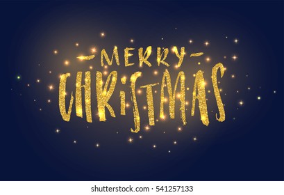 Creative shiny gold merry christmas card design with text. Gold glitter confetti on blue background. Hand written lettering template for your design. Vector illustration.