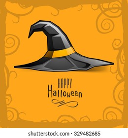 Creative shiny witch hat on stylish yellow background for Happy Halloween Party celebration.