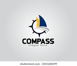 creative ship forming waves with a circular compass logo design