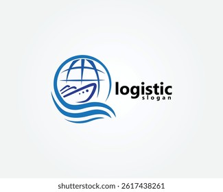 creative ship logistics, shipping logo, ship and waves combined with globe, logo design inspiration