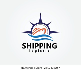 creative ship logistics, shipping logo, ship and waves with compass on it, logo design inspiration
