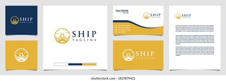 Creative ship logo inspiration with line art stile logo business card and letterhead