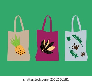 Compradores creativos con varias impresiones. Margaritas, flores, ramitas y corazón. Bolsa de algodón, consumo ecológico. Diseño plano, dibujado a mano de dibujos animados, Vector