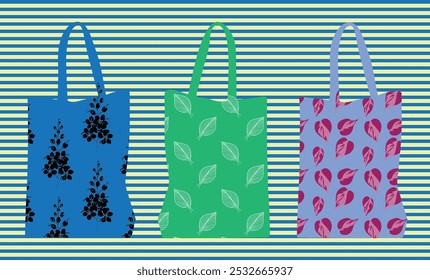 Creative shoppers with various prints. Daisies, flowers, twigs and heart. Cotton bag, eco-friendly consumption. Flat design, hand drawn cartoon, vector