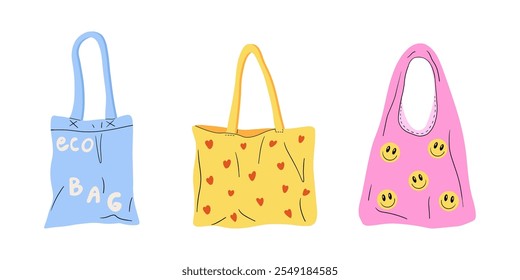 Creative shoppers with various prints. Reusable tote bags with colorful patterns, eco friendly fabric package design for sale, shopping concept. Vector set.