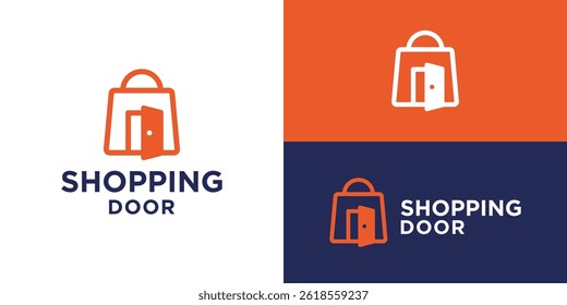 Creative shopping door logo template. Shopping bag with open door logo design vector illustration.