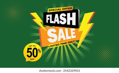 Anuncio de venta flash de compras creativas con trueno hasta un 50 por ciento de descuento, oferta especial, solo por tiempo limitado, diseño de Plantilla de Anuncio negro amarillo verde de ventas de campaña de venta flash para redes sociales y Sitio web