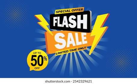 Anuncio de venta flash de compras creativas con trueno hasta un 50 por ciento de descuento, oferta especial, solo por tiempo limitado, diseño de Plantilla de Anuncio negro amarillo azul de ventas de campaña de venta flash para redes sociales y Sitio web