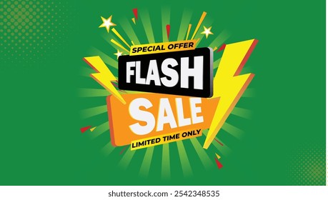 Anuncio de venta flash de compras creativas con trueno hasta un 50 por ciento de descuento, oferta especial, solo por tiempo limitado, diseño de Plantilla de Anuncio negro amarillo verde de ventas de campaña de venta flash para redes sociales y Sitio web