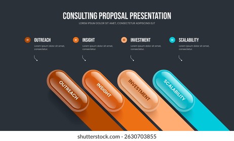 Creative Showcase 4 Element Diagram Slideshow Layout. Market Solution Four Step Infographic Presentation Template. Financial Launch Frame Design Vector Illustration.