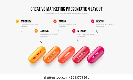 Creative Showcase Presentation Layout Vector Illustration. Marketing Visualization Five Element Diagram Frame Design. Market Analysis 5 Step Infographic Slideshow Template.