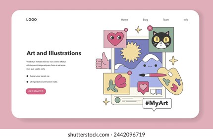 Creative Showcase set. Celebrating visual artistry and personal expression on social platforms. Artist's tools and symbols of approval. Flat vector illustration