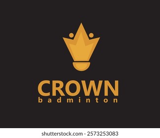 creative shuttlecock with crown shape and two people raising their hands success icon logo design