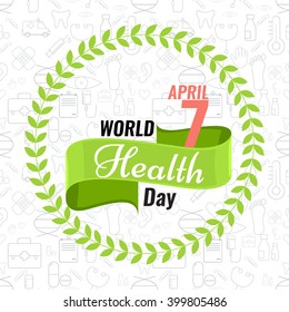 Creative sign or logo for 7 April - World Health Day Greeting stock vector. Green ribbon banner. Solid flat color design for Health Day concept. Seamless trendy outline medical icons