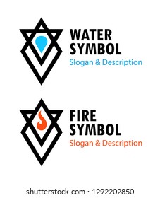 Creative signs of Fire and Water with captions. Vector illustrations of wiccan symbols.