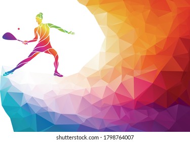 Creative silhouette of female squash player. Racquet sport vector illustration or banner template in trendy abstract colorful polygon style with rainbow back