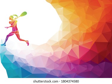 Silueta creativa de la jugadora de squash femenina. Ilustración vectorial de racquet o planilla de banner en el estilo de polígono colorido y moderno con reverso arco iris