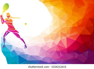 Creative silhouette of female tennis player. Racquet sport vector illustration or banner template in trendy abstract colorful polygon style with rainbow back