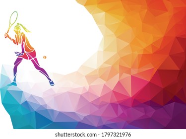 Creative silhouette of female tennis player. Racquet sport vector illustration or banner template in trendy abstract colorful polygon style with rainbow back