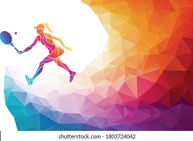 Creative silhouette of female tennis player. Racquet sport vector illustration or banner template in trendy abstract colorful polygon style with rainbow back