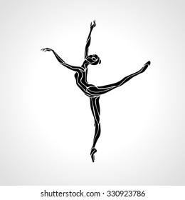 Creative silhouette of gymnastic or ballet girl. Art rhythmic gymnastics, black and white vector illustration