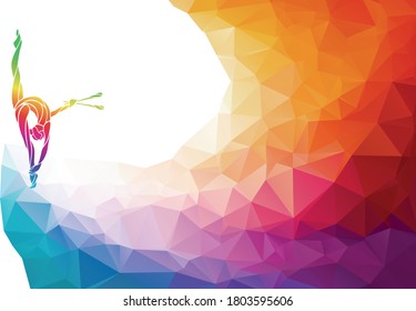 Creative silhouette of gymnastic girl. Art gymnastics with clubs, colorful vector illustration with background or banner template in trendy abstract colorful polygon style and rainbow back