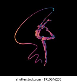 Creative silhouette of gymnastic girl. Art gymnastics with ribbon