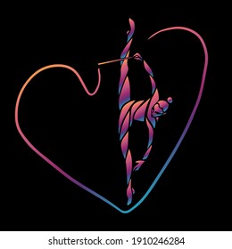 Creative silhouette of gymnastic girl. Art gymnastics with ribbon