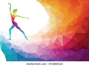 Creative silhouette of gymnastic girl. Art gymnastics, colorful vector illustration with background or banner template in trendy abstract colorful polygon style and rainbow back