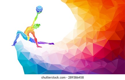 Creative silhouette of gymnastic girl. Art gymnastics with ball, colorful vector illustration with background or banner template in trendy abstract colorful polygon style and rainbow back