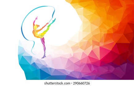 Creative silhouette of gymnastic girl. Art gymnastics with ribbon, colorful vector illustration with background or banner template in trendy abstract colorful polygon style and rainbow back