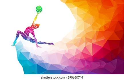 Creative silhouette of gymnastic girl. Art gymnastics with ball, colorful vector illustration with background or banner template in trendy abstract colorful polygon style and rainbow back