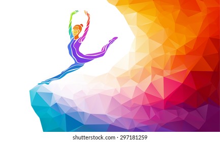 Creative silhouette of gymnastic girl. Art gymnastics, colorful vector illustration with background or sports banner template in trendy abstract colorful polygon style and rainbow back