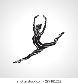 Creative silhouette of gymnastic girl. Art rhythmic gymnastics, black and white vector illustration