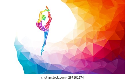 Creative silhouette of gymnastic girl. Art gymnastics, colorful vector illustration with background or sports banner template in trendy abstract colorful polygon style and rainbow back