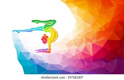 Creative silhouette of gymnastic girl. Art gymnastics with ball, colorful vector illustration with background or sports banner template in trendy abstract colorful polygon style and rainbow back