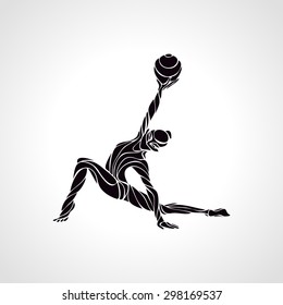 Creative silhouette of gymnastic girl. Art gymnastics with ball, black and white vector illustration