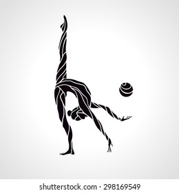 Creative silhouette of gymnastic girl. Art gymnastics with ball, black and white vector illustration