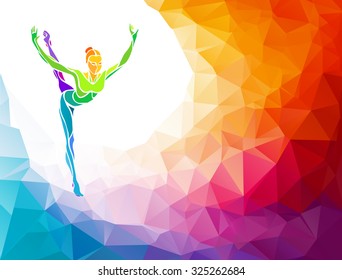 Creative silhouette of gymnastic girl. Art gymnastics, colorful vector illustration with background or banner template in trendy abstract colorful polygon style and rainbow back