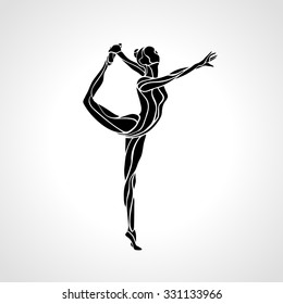 Creative silhouette of gymnastic girl. Art rhythmic gymnastics, black and white vector illustration