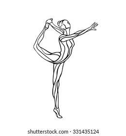 Creative silhouette of gymnastic girl. Art rhythmic gymnastics, black and white vector illustration