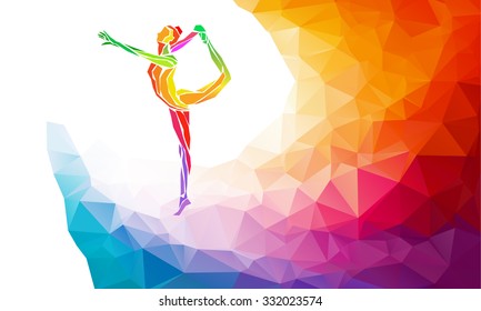 Creative silhouette of gymnastic girl. Art gymnastics, colorful vector illustration with background or banner template in trendy abstract colorful polygon style and rainbow back