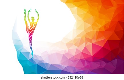 Creative silhouette of gymnastic girl. Art gymnastics, colorful vector illustration with background or banner template in trendy abstract colorful polygon style and rainbow back