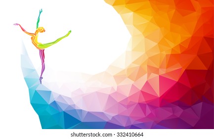 Creative silhouette of gymnastic girl. Art gymnastics, colorful vector illustration with background or banner template in trendy abstract colorful polygon style and rainbow back